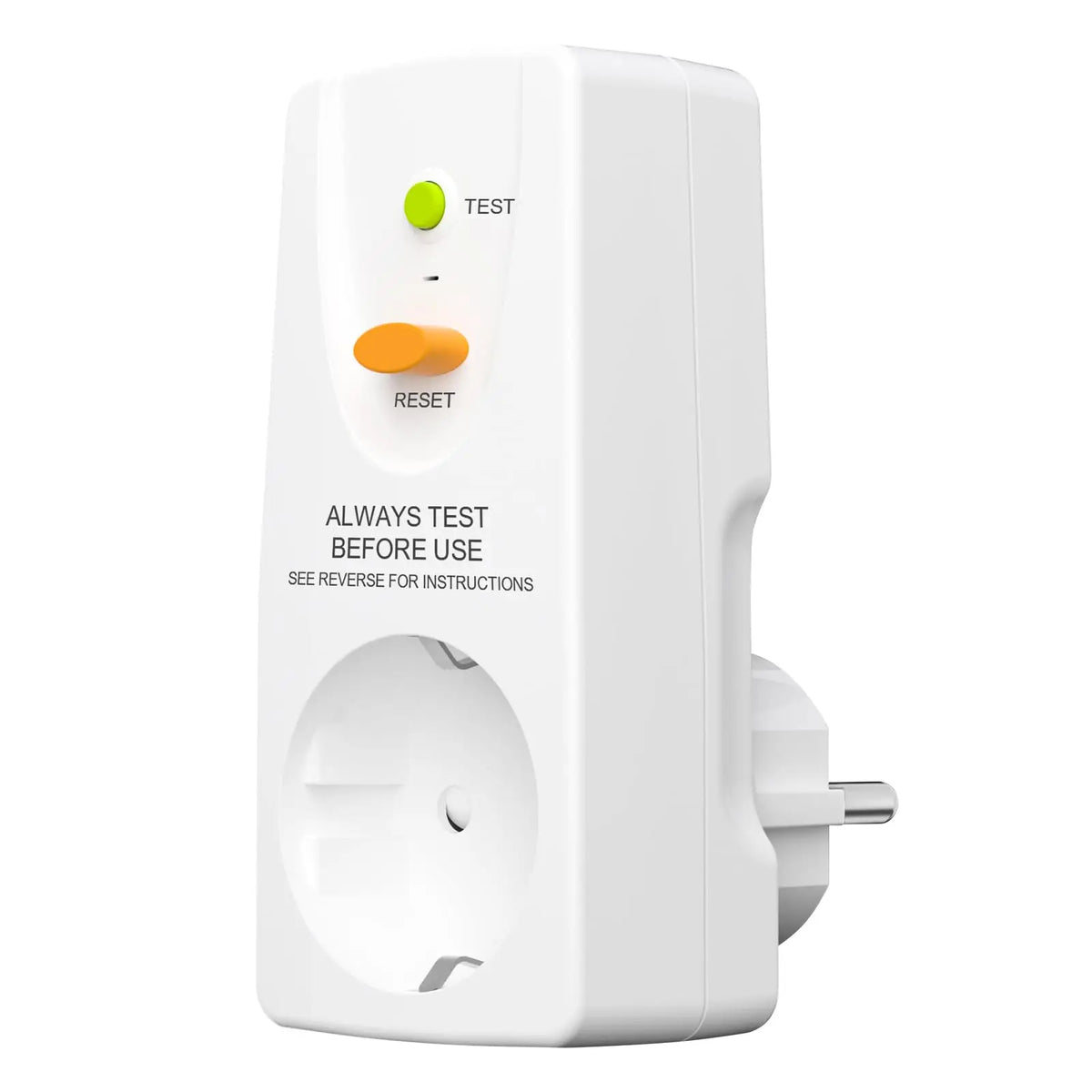 Une fiche électrique blanche avec un bouton de test et de réinitialisation, utilisée pour la protection contre les fuites du 