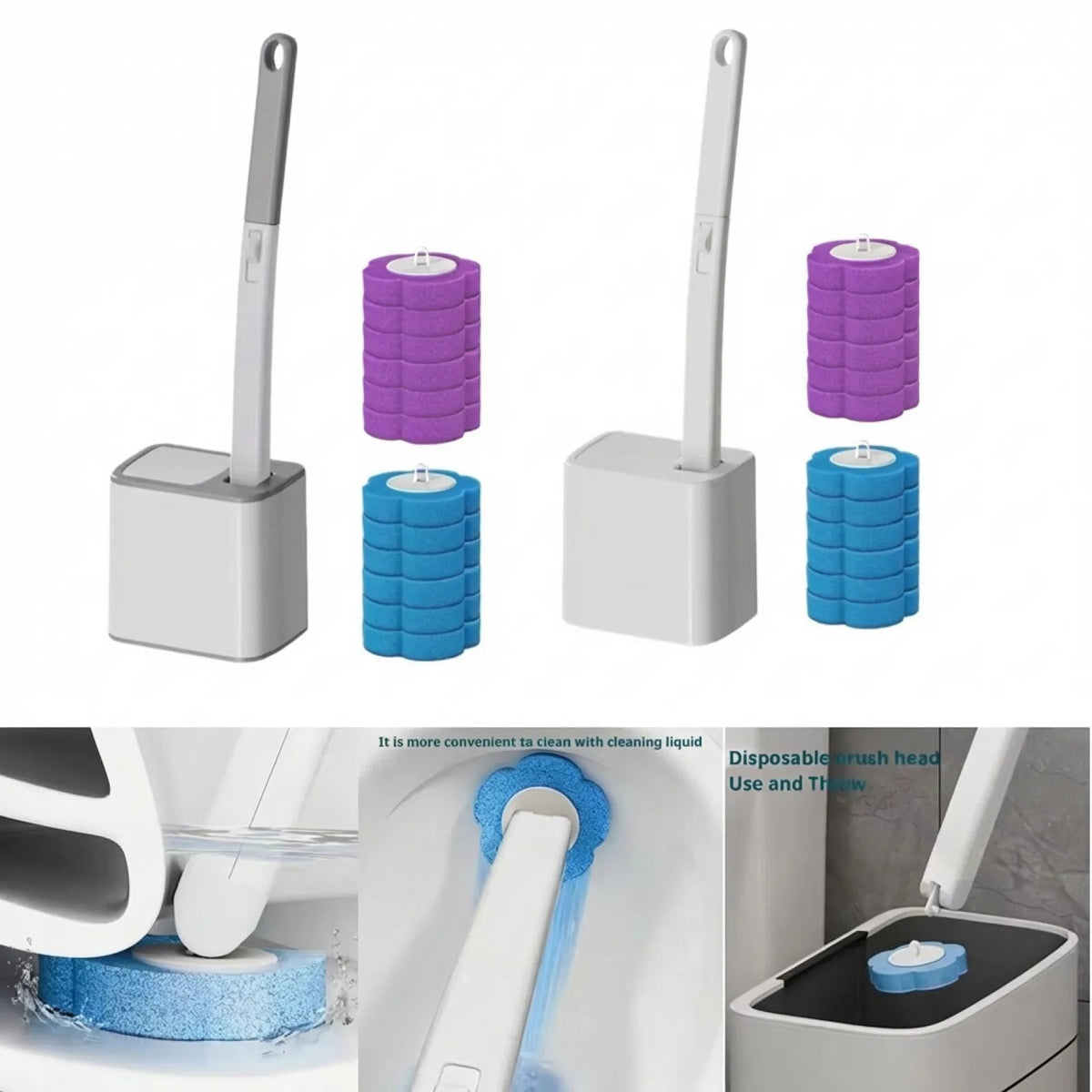 A set of wall-mounted toilet brushes in purple and blue, showing the brush and disposable heads being used for cleaning.