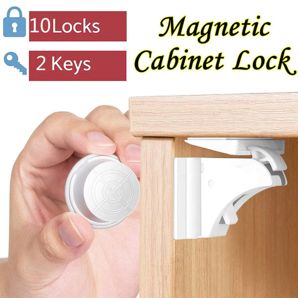 A hand is shown inserting a white magnetic cabinet lock into a wooden cabinet, demonstrating the magnetic cabinet lock.