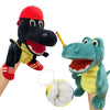 A soft plush collectible toy featuring a black dinosaur puppet and a green crocodile puppet.