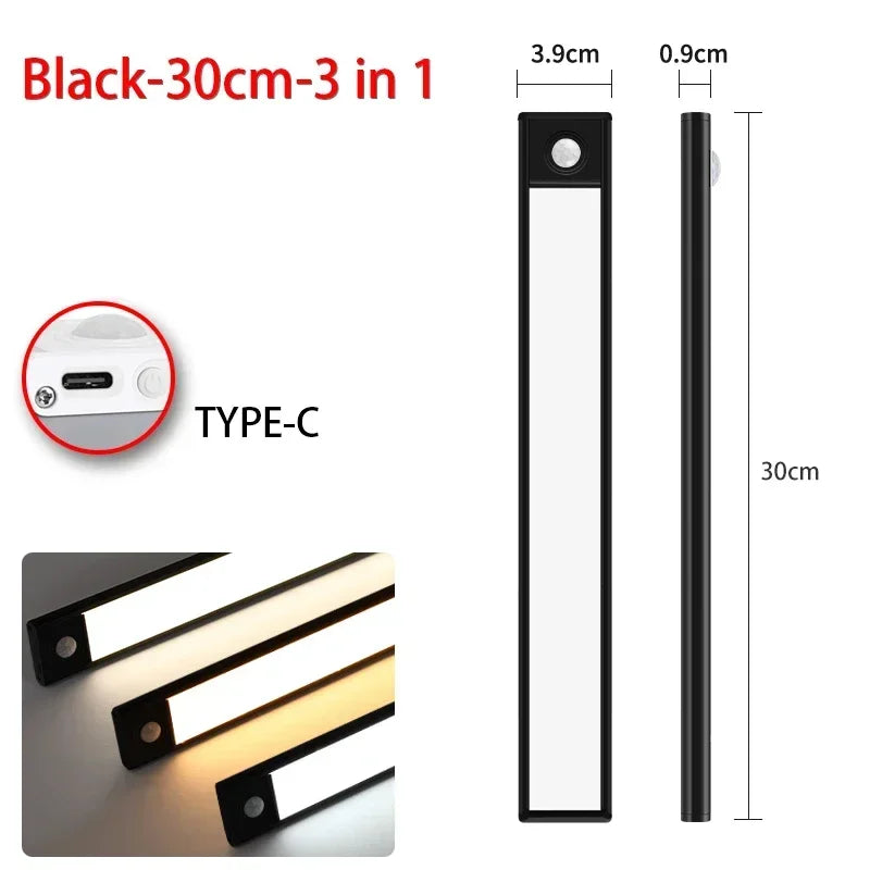 Black ultra-thin rechargeable motion sensor LED cabinet light with Type-C charging port and 30cm length.