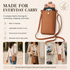 A brown compact PU leather crossbody bag shown being worn by a woman in various daily outfits.