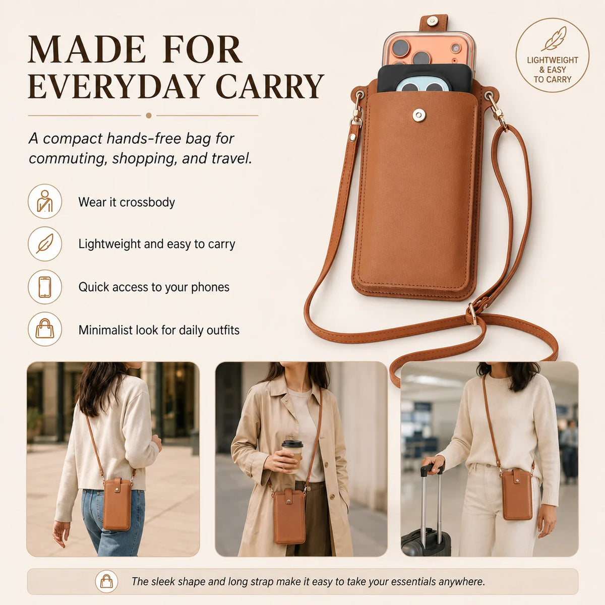 A brown compact PU leather crossbody bag shown being worn by a woman in various daily outfits.