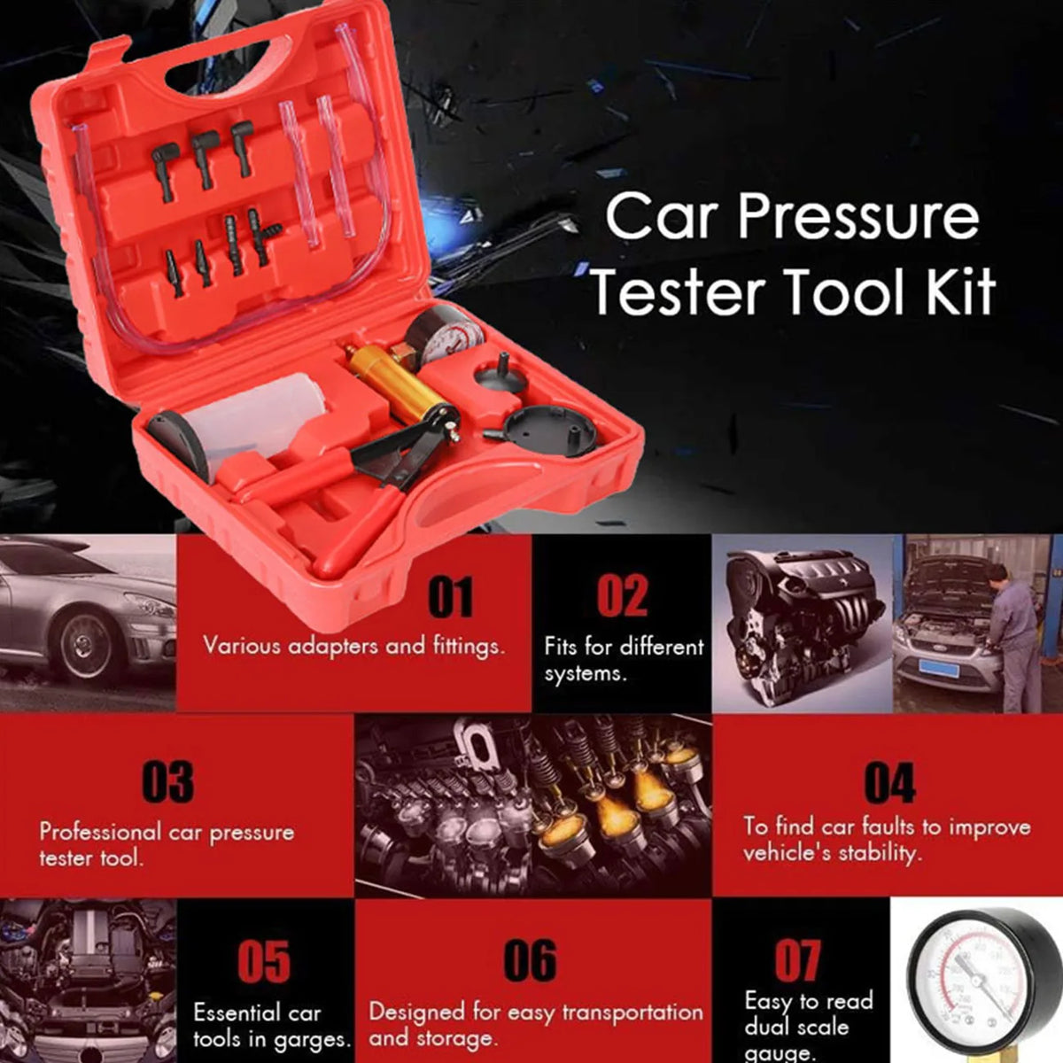 An open red kit of car pressure tester tools showing various adapters, fittings, and professional tools for testing vehicle s