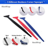 A set of three hardness corner squeegees in black, red, and blue for cleaning and detailing.