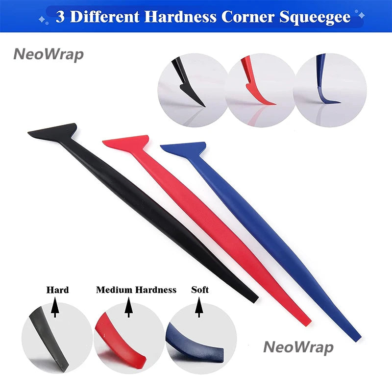 A set of three hardness corner squeegees in black, red, and blue for cleaning and detailing.