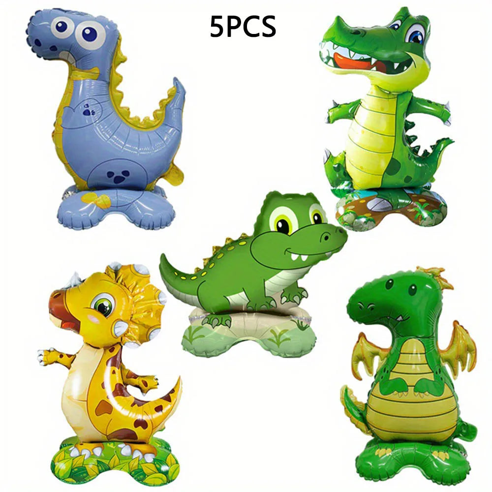 Five foil balloons shaped like various dinosaurs in green, yellow, and blue colors.