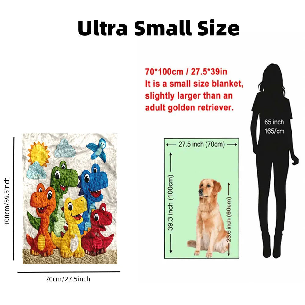 Ultra Small size dinosaur cartoon throw blanket featuring five colorful dinosaurs and a sunny sky