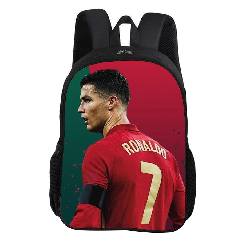 A black backpack featuring a graphic of Cristiano Ronaldo in a red soccer jersey against a green background.