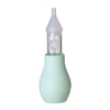 A light green baby nasal aspirator device with a clear silicone tip.