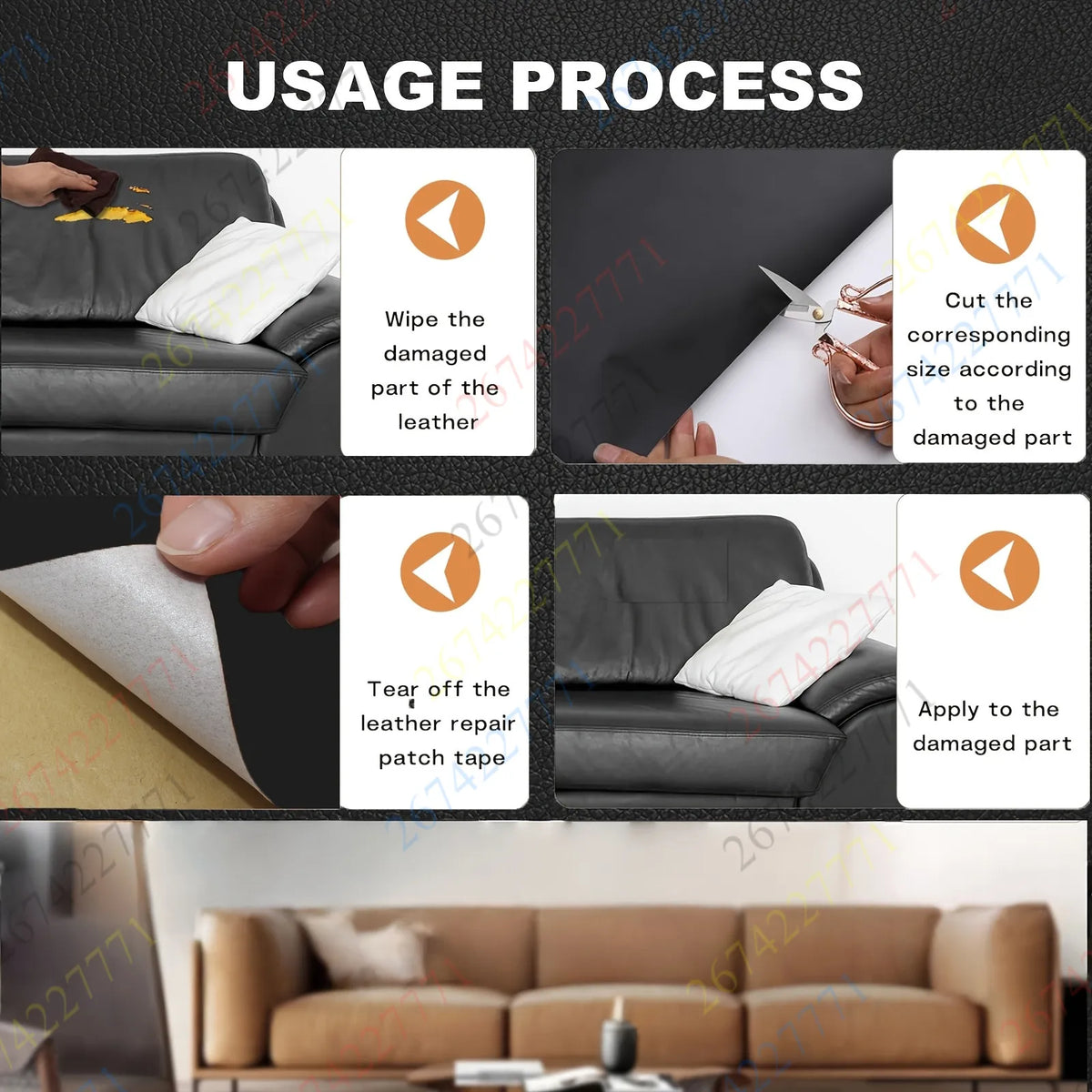 Diagram showing the usage process of self-adhesive faux leather repair tape for furniture and accessories.