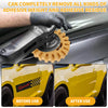 A hand uses a rubber eraser wheel with a drill adapter to remove adhesive weight and residue from a car surface.