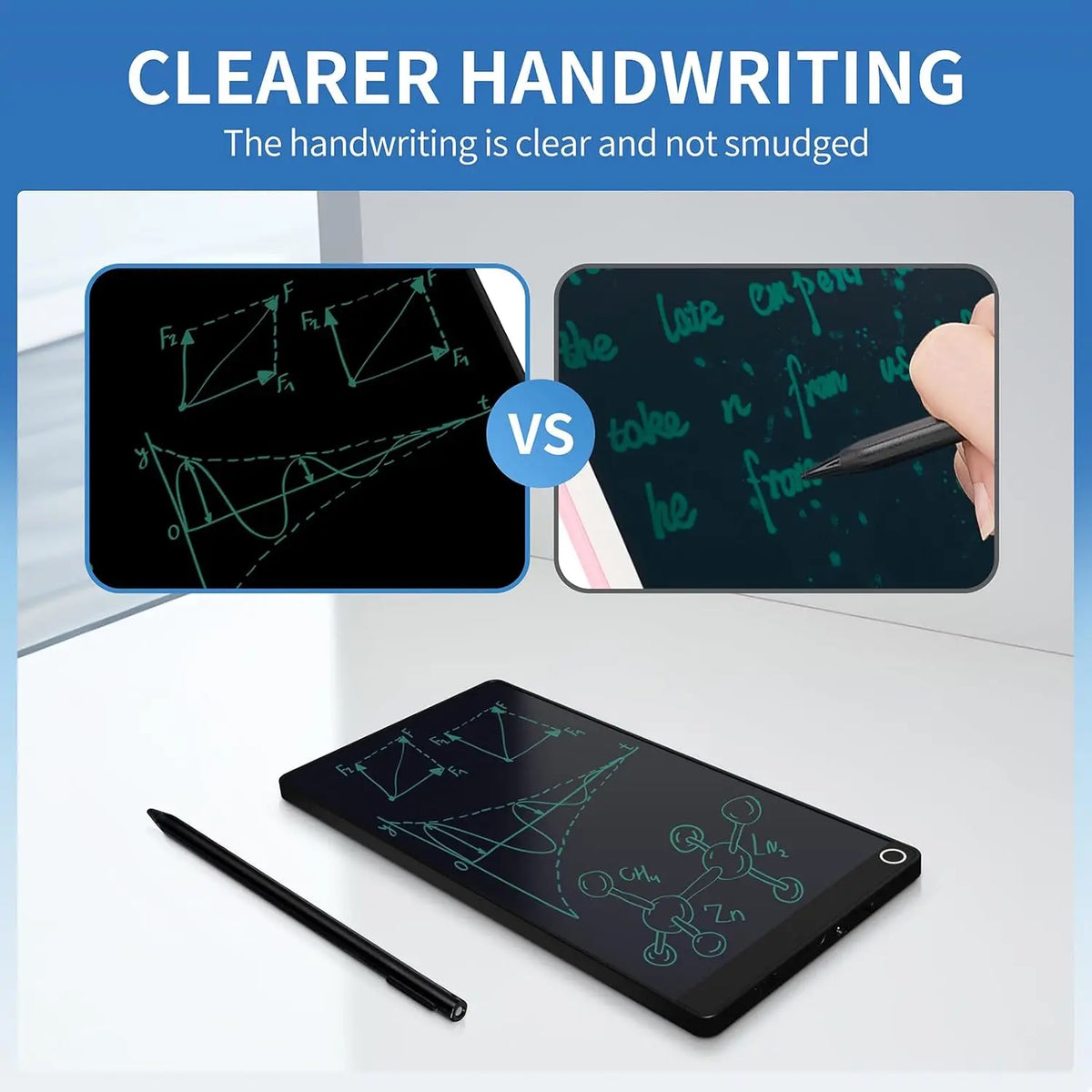 Une tablette d'écriture noire et un stylet sont montrés à côté d'un graphique comparatif de meilleure écriture.