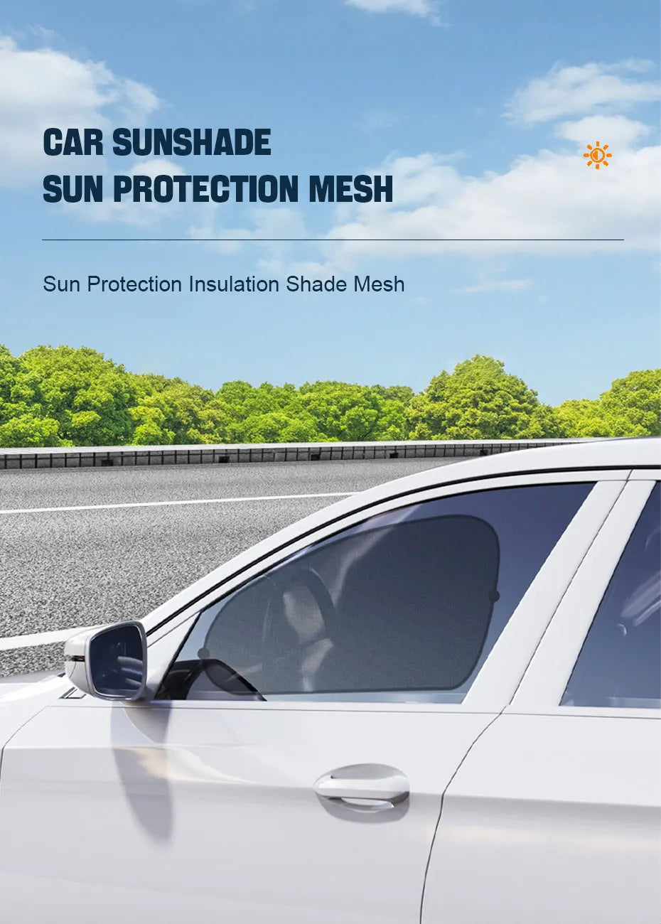 A white car side window fitted with a dark sun protection mesh for insulation and shade.