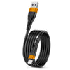 A black nylon braided fast charging cable with an orange connector for iPhone and iPad.