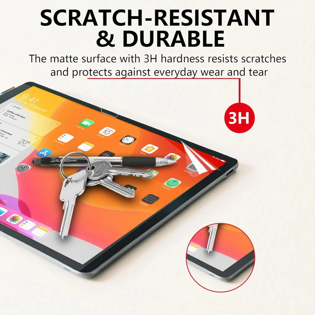 A scratch-resistant screen protector for an iPad showing a 3H hardness rating and keys for scale.