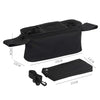 Black stroller storage organizer bag with hanging straps shown in various sizes.