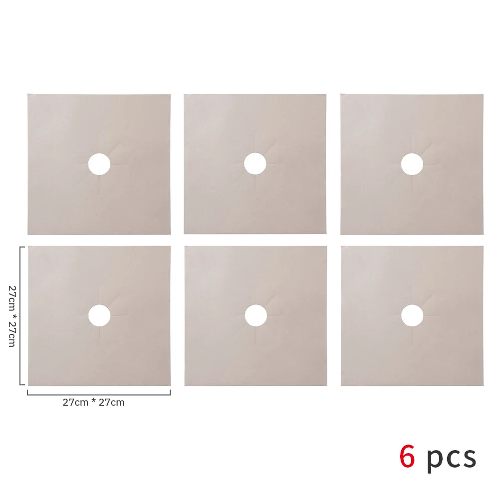 Six square beige reusable non-stick gas stove protector mats shown in various sizes.