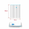 A white vacuum storage bag with a blue valve, shown next to its dimensions.