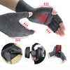 Gray compression gloves with wrist support shown in various applications including hand exercise and grip strengthening.