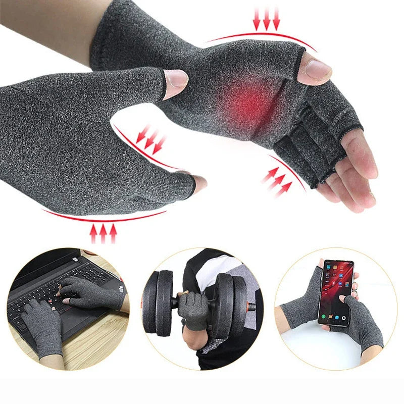 Gray compression gloves with wrist support shown in various applications including hand exercise and grip strengthening.
