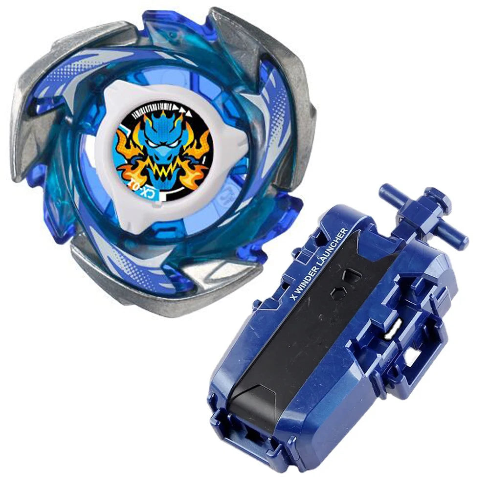 A Beyblade product featuring a blue and silver launcher and a spinning top with a phoenix wing design.