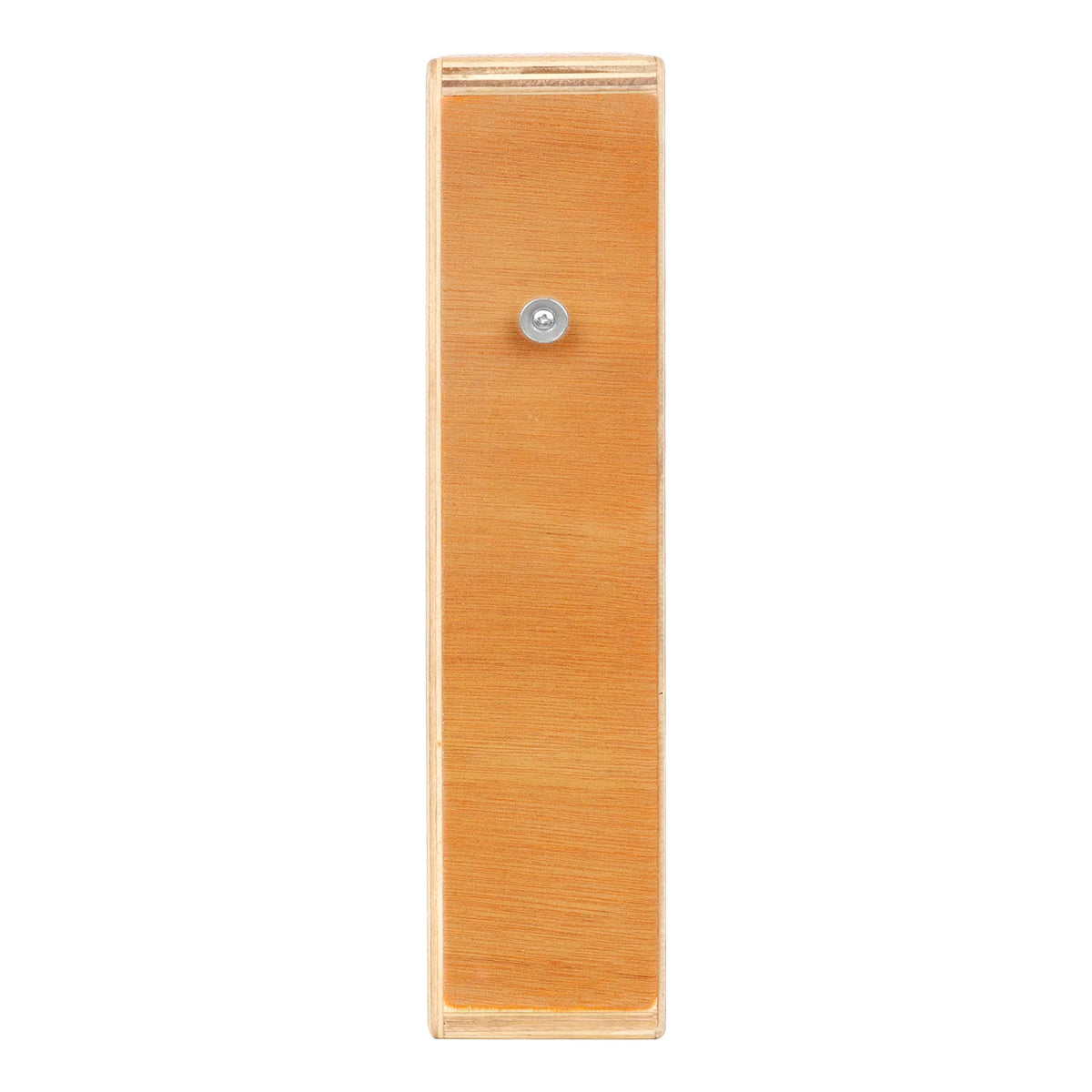 A rectangular wooden drum with a brass strap mechanism, featuring a light orange finish.