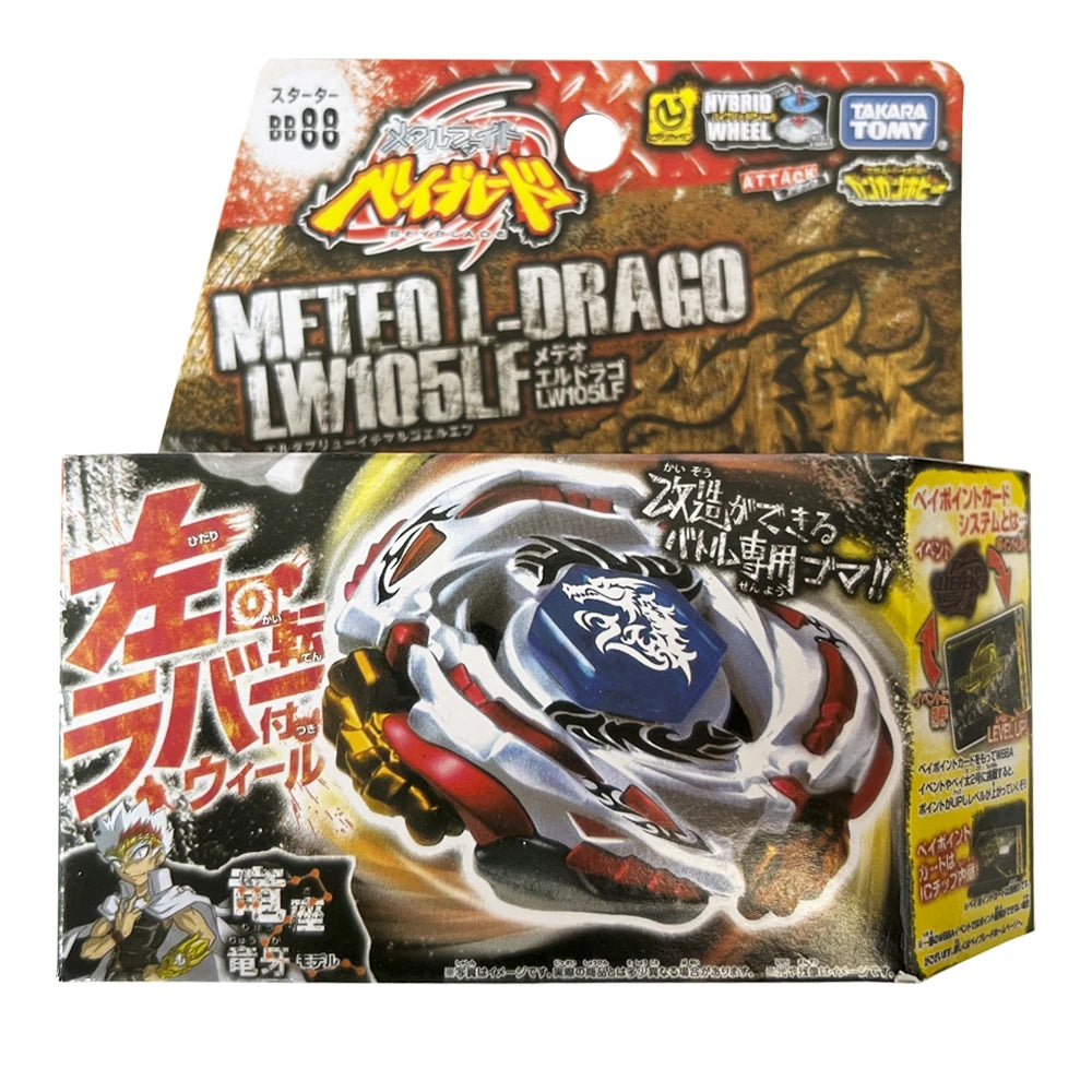 A box of Metal Spinning Top Battle Toy labeled MFTEN L-DRAGO LW105LF with accompanying accessories.