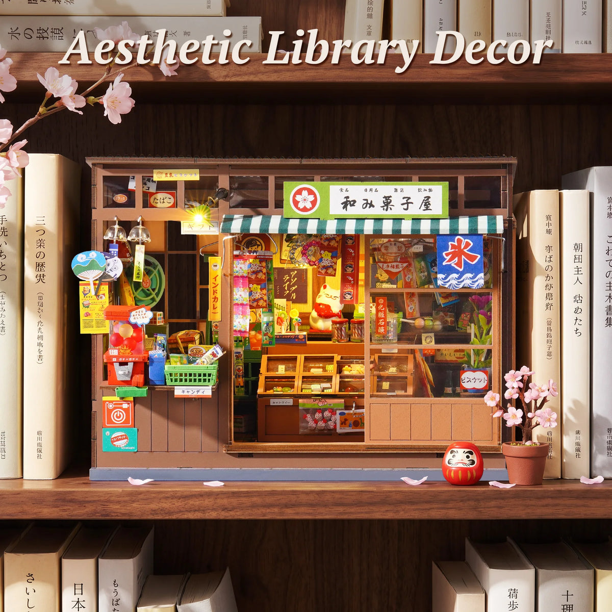 A display of a vintage Japanese corner shop diorama kit featuring books and merchandise, set on a wooden shelf.