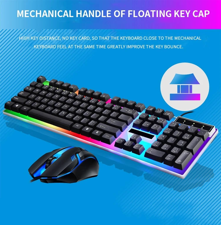 Combo de teclado y mouse mecánico flotante con iluminación RGB sobre fondo azul.