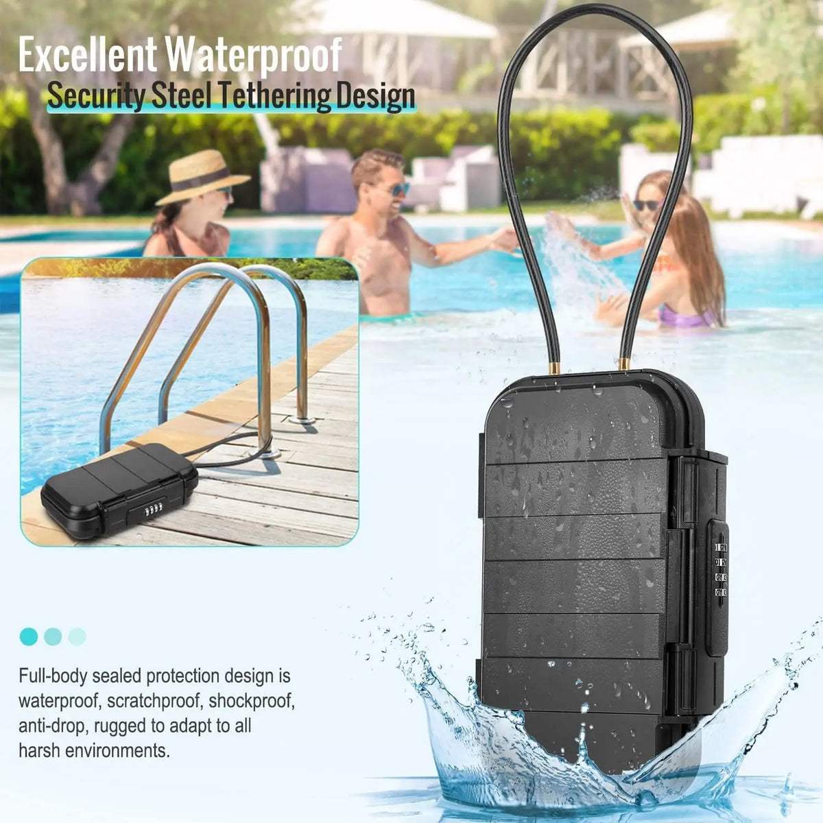 A black portable travel safe lock box with a combination lock and detachable cable being used in water.