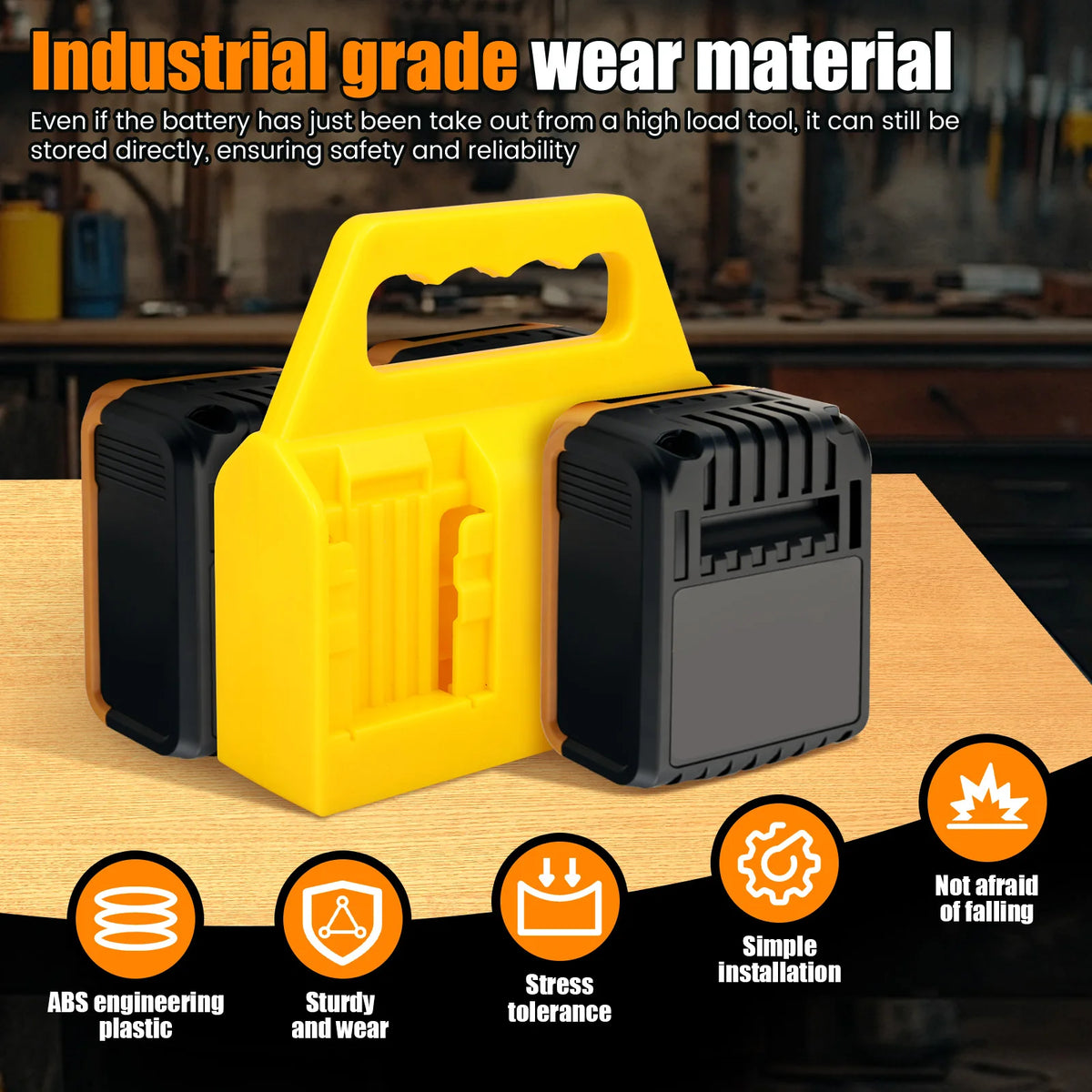 Yellow and black industrial grade wear material battery storage organizer for power tools