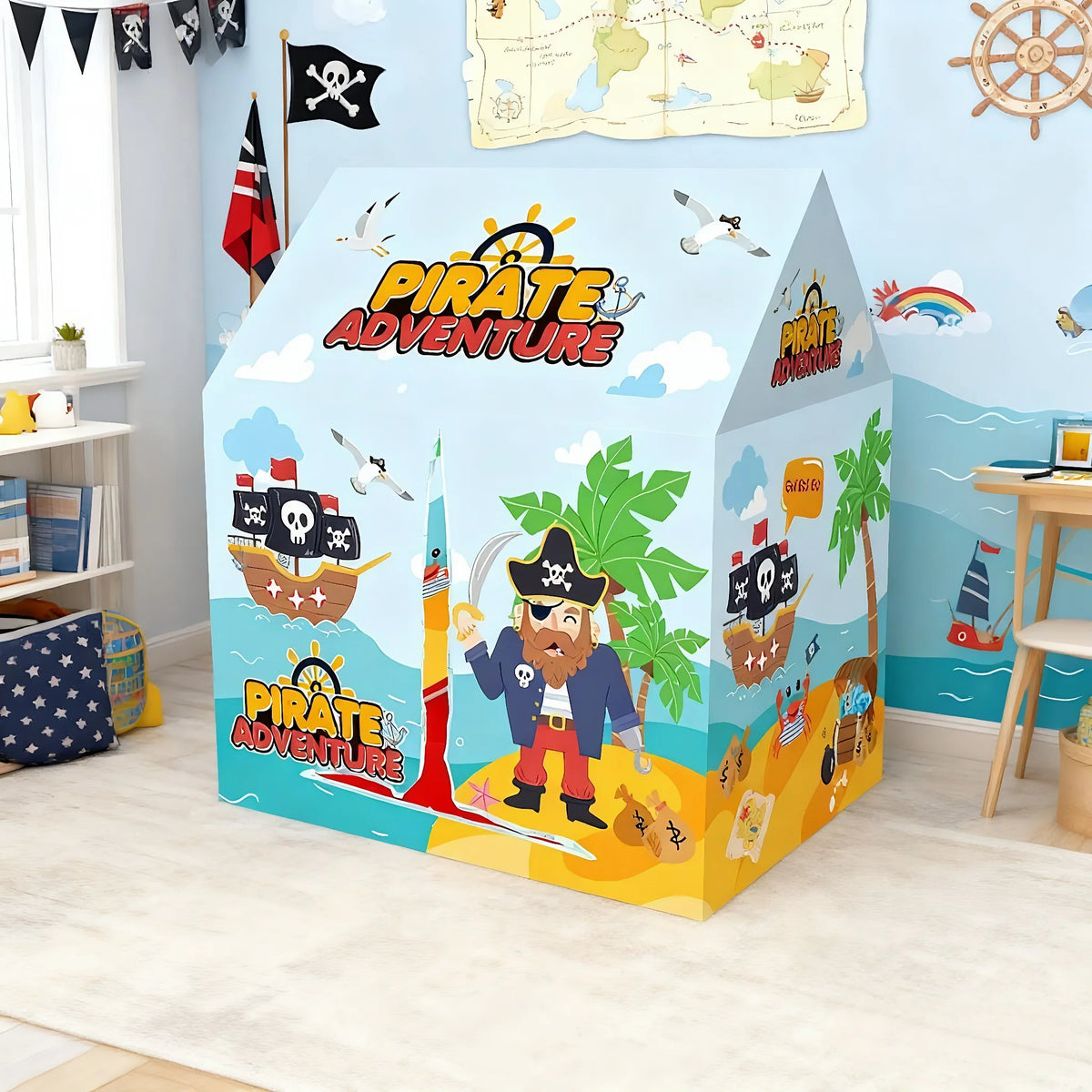 A colorful pirate adventure play castle tent featuring a pirate character and sea elements on a light blue wall.