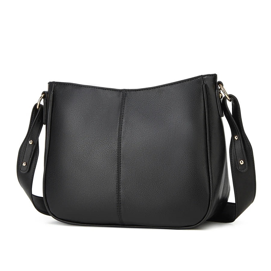 A black PU leather crossbody shoulder bag with a flap closure and gold-toned hardware.