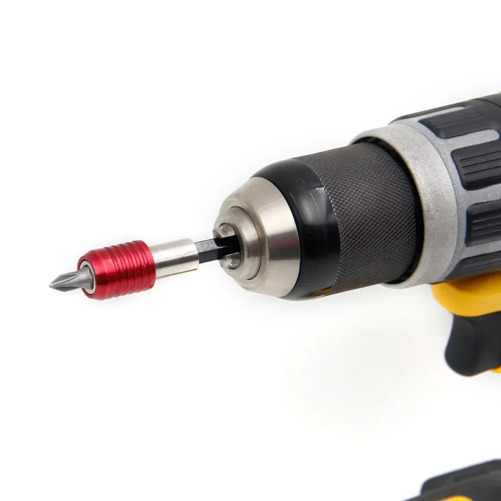 A close-up view of a self-locking socket extension bar with a red and silver tip attached to a black and gray handle.
