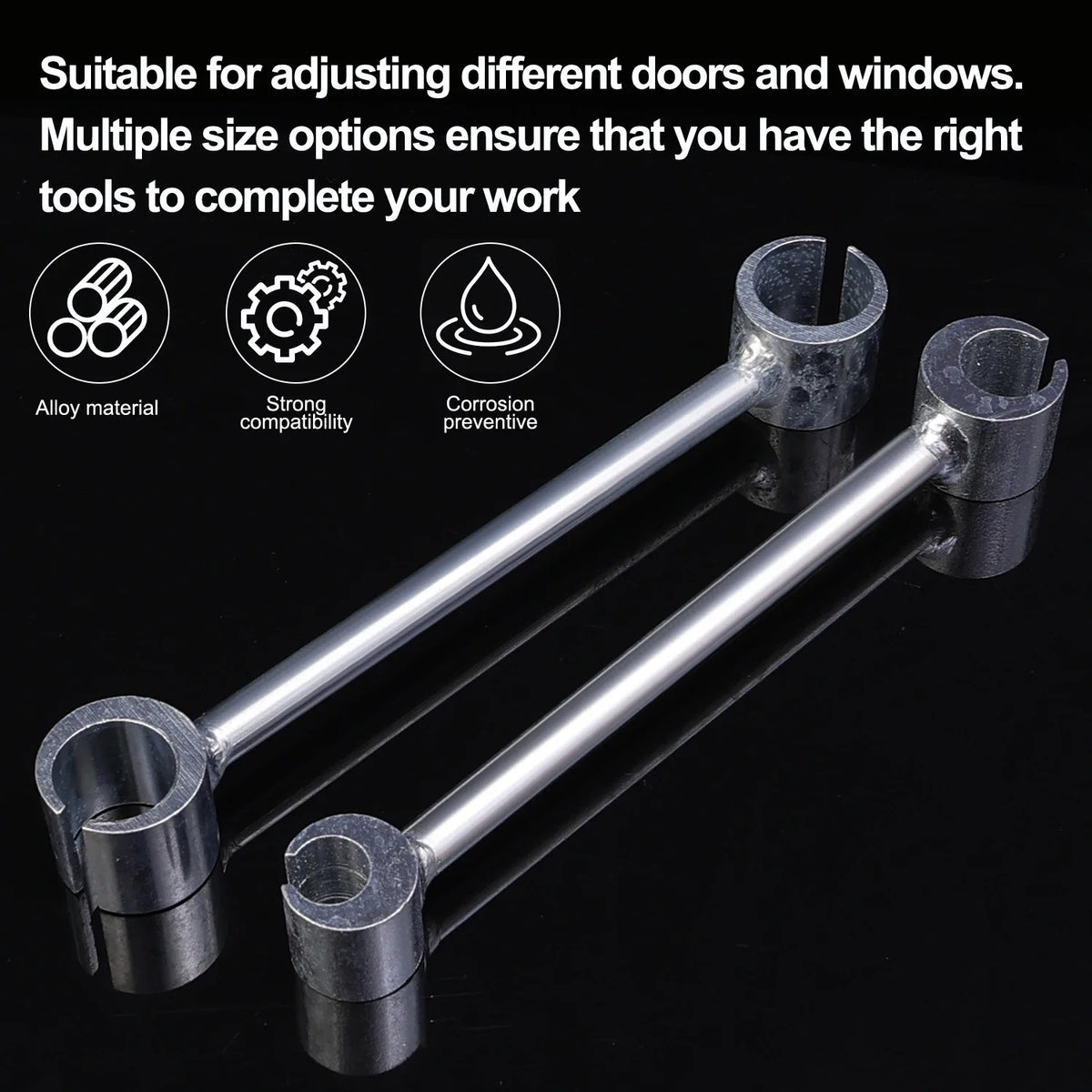 A pair of silver double-ended door hinge adjustment wrenches shown against a black background.