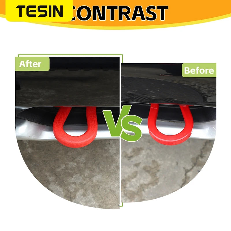 Comparison of a front bumper tow hook cover before and after installation.