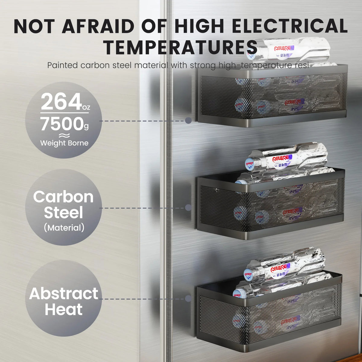 A close-up of a magnetic refrigerator storage rack made of painted carbon steel material designed to withstand high electrica
