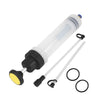 A white manual oil extractor pump with a black base and clear tubing is shown for fluid transfer.