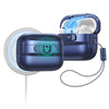A dark blue AirPods Pro 3 case with a magnetic lock and drop protection feature is shown next to its charging cable.