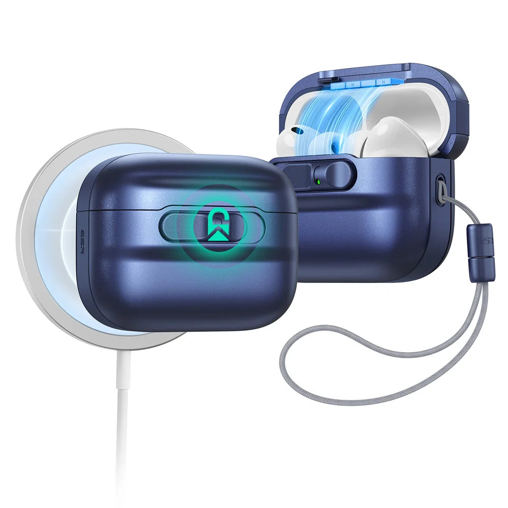A dark blue AirPods Pro 3 case with a magnetic lock and drop protection feature is shown next to its charging cable.