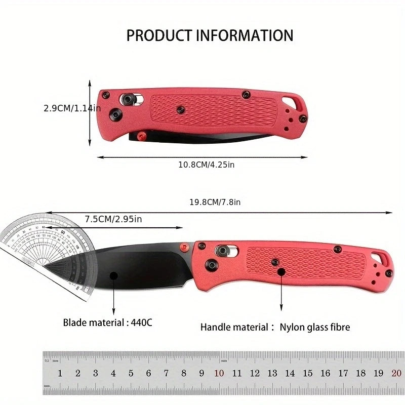 A red compact folding knife with a black blade and nylon glass fiber handle shown with dimensions.