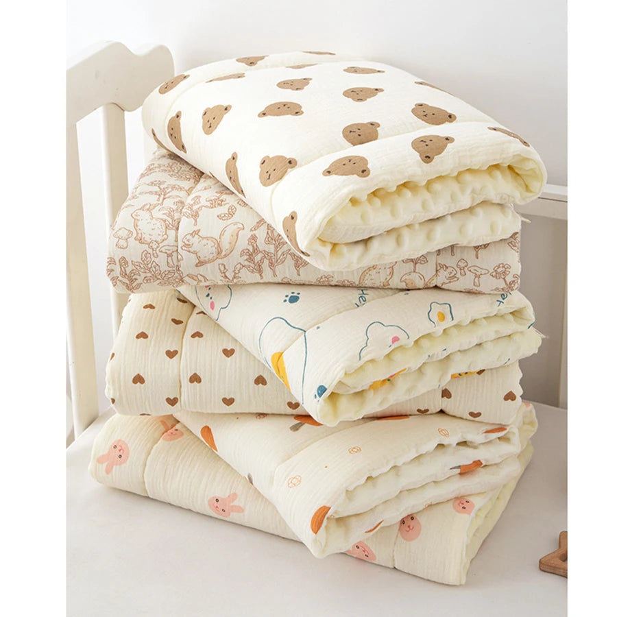 A stack of cream and beige baby stroller seat cushions with various floral and animal patterns.