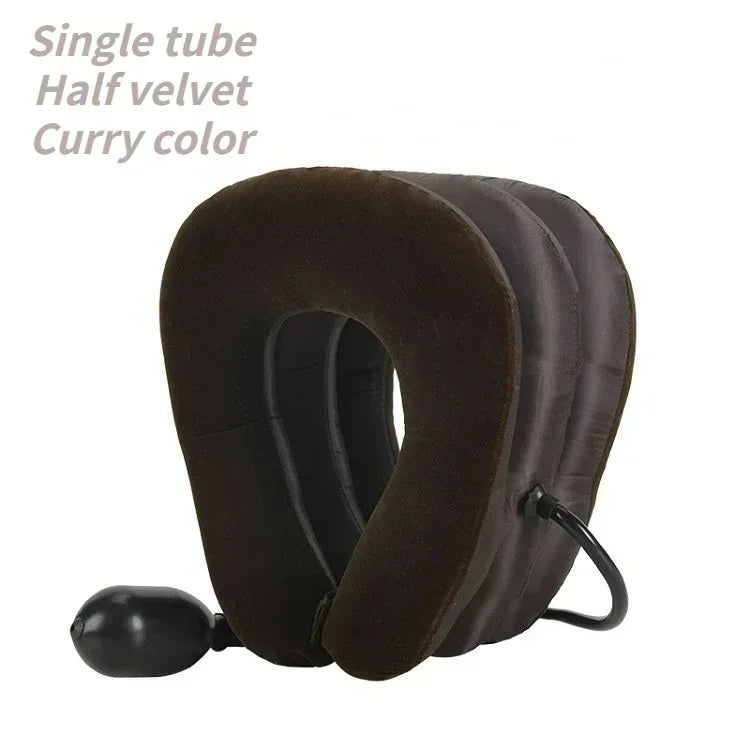 A dark brown half velvet single tube inflatable cervical traction neck stretcher for pain relief.