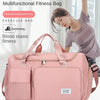 A pink multifunction fitness bag is shown next to a woman exercising, highlighting its use for fitness and travel.