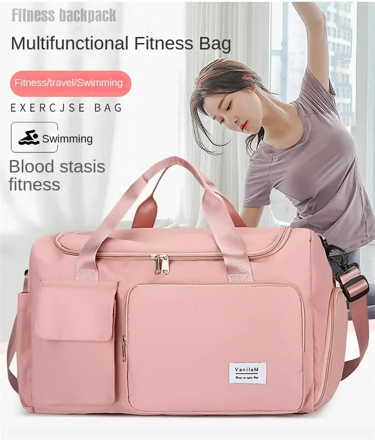 A pink multifunction fitness bag is shown next to a woman exercising, highlighting its use for fitness and travel.