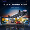 A 4-channel 4K car DVR system featuring a 11.26 inch touchscreen and multiple cameras mounted on a vehicle.