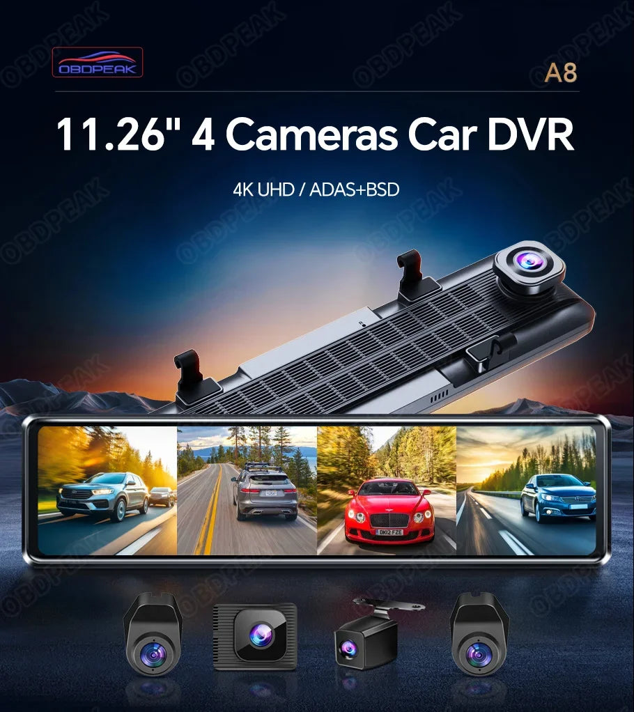 A 4-channel 4K car DVR system featuring a 11.26 inch touchscreen and multiple cameras mounted on a vehicle.