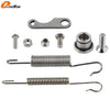 Set of metal hardware including a stand bracket, screws, and two types of coiled springs for a KTM side stand kit