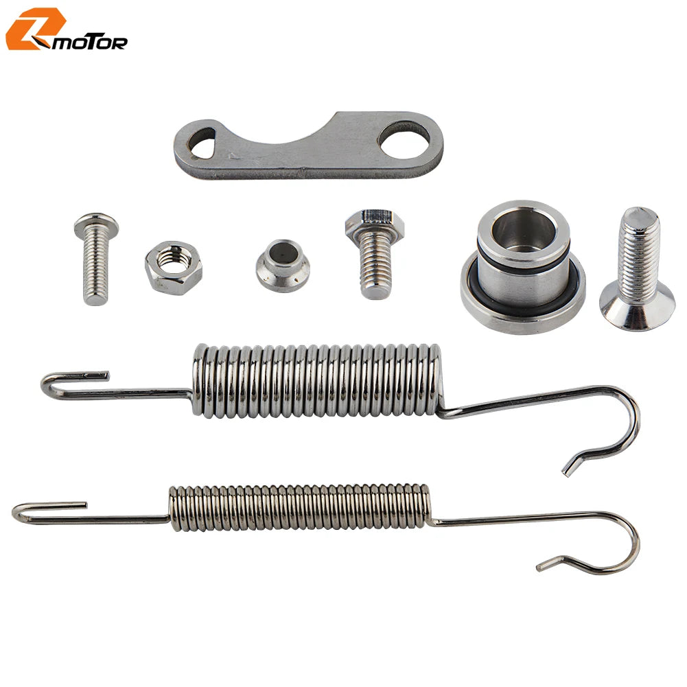 Set of metal hardware including a stand bracket, screws, and two types of coiled springs for a KTM side stand kit